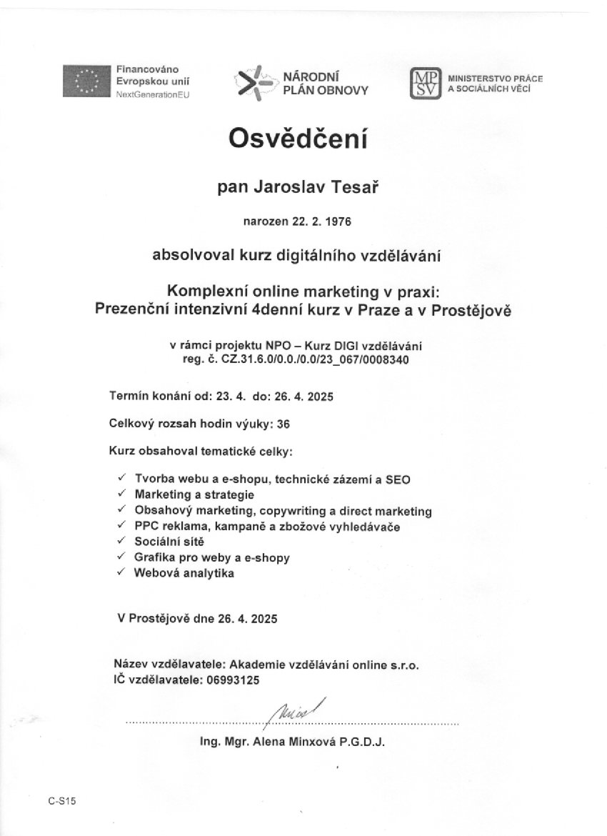 Certifikát absolvování kurzu z Online marketingu