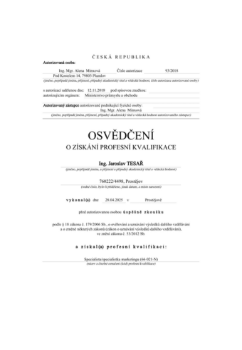 Osvědčení z Online Marketigu o kvalifikaci, 1. strana