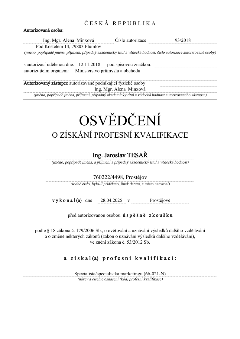 Certifikát získání kvalifikace z Online marketingu