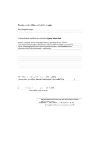 Osvědčení z Online Marketigu o kvalifikaci, 2. strana