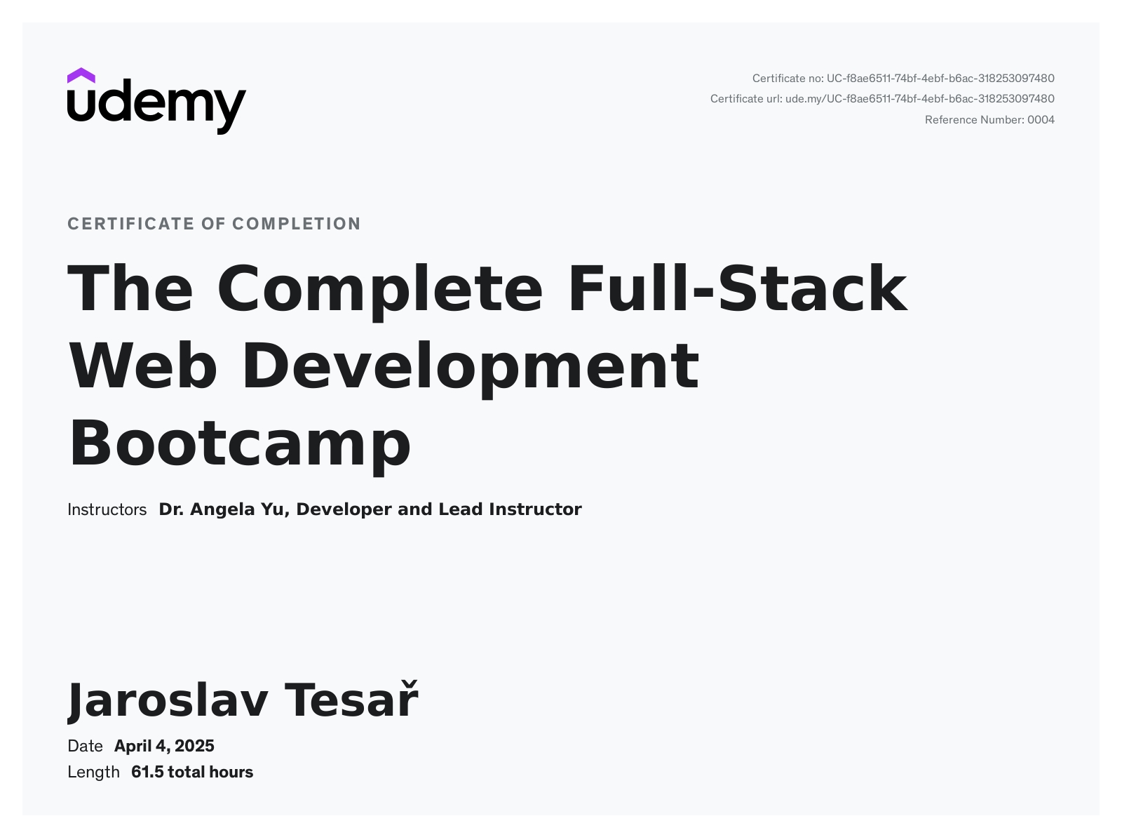 Certifikát Full Stack Web Developer